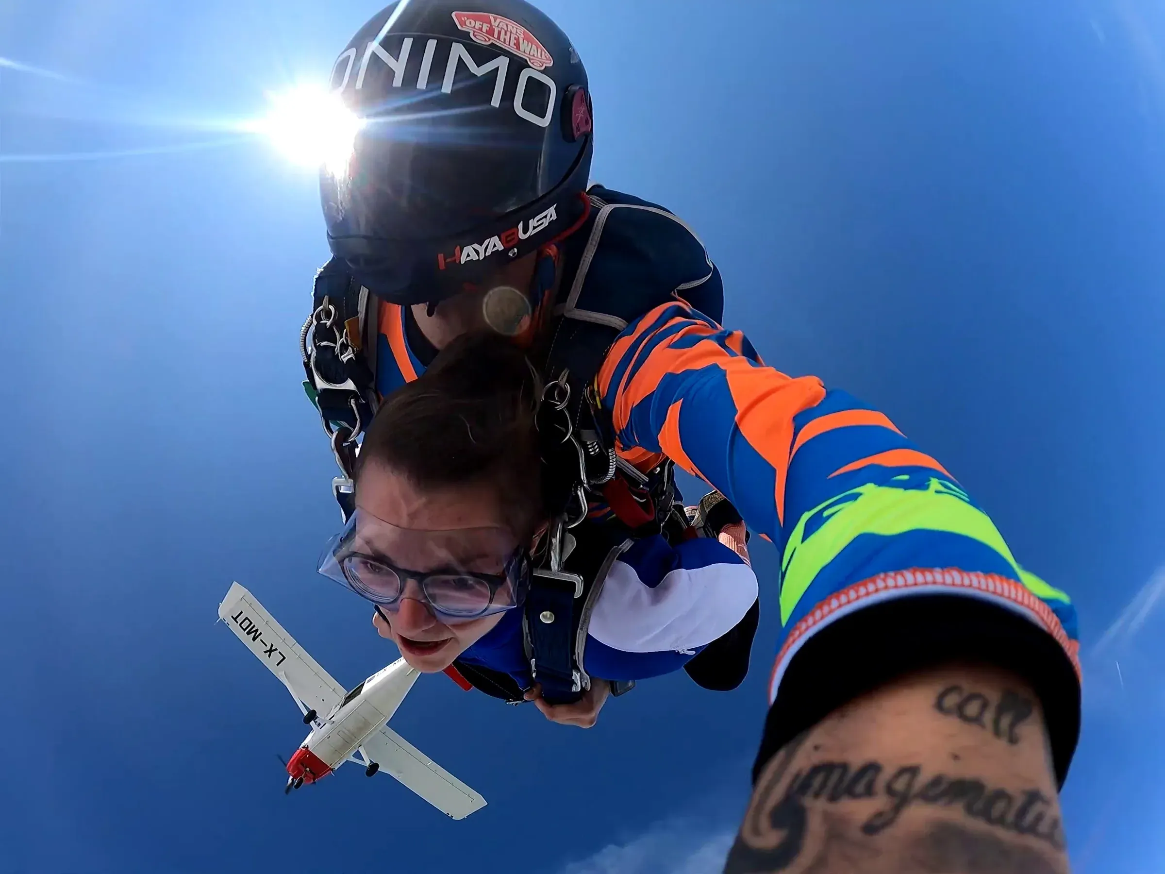 Tandem skydive exiting the aircraft